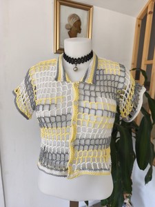 Top corto de malla de ganchillo para mujer, manga corta, cuello polo, bloques de color, estilo bohemio, ropa de primavera y verano - Product Image 5