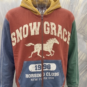 Sudadera con capucha y cremallera Snowgrace unisex de gran tamaño, chaqueta de forro polar con bloques de color vintage, diseño de bolsillo con estampado de caballo, manga raglán - Product Image 6
