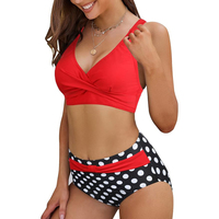 Set Bikini Terlaris Atasan Merah Model Twist Bawahan Polkadot Pinggang Tinggi Pakaian Renang Pakaian Pantai Baju Renang Dua Potong
