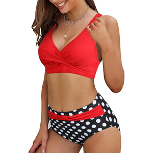 Ensemble de bikini le plus vendu, haut torsadé rouge, bas à pois taille haute, maillot de bain deux pièces, tenue de plage - Product Image 2