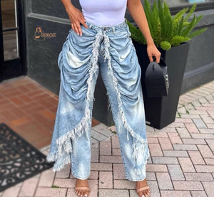 Jean en denim personnalisé pour femme, taille mi-haute, coupe droite, respirant, légèrement déchiré, patchwork, troué, style japonais, collection Printemps - Product Image 1