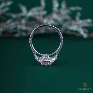 Luxury Radiant Cut Lab Grown Diamond Halo Engagement <b>Ring</b> 14K 18K White Gold Half <b>Moon</b> Three Stone Pave Anniversary Bridal <b>Ring</b> - Product Image 6