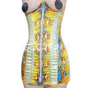 OEM Custom Yellow Snakeskin Print Cupless <strong>Corset</strong> <strong>Dress</strong> Women&rsquo;s <strong>Under</strong> Bust Zip-Up Bodycon Mini <strong>Dress</strong> - Product Image 1