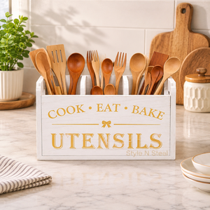 Boîte de rangement pour ustensiles en bois blanc rustique, 4 compartiments, porte-couverts de cuisine, support pour cuillères, fourchettes et couteaux sur comptoir - Product Image 1