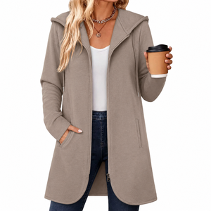 Custom Womens Long Hooded Zip Up <b>Jacket</b> Casual <b>Fleece</b> Hoodie Coat Winter Outerwear OEM ODM Wholesale Manufacturer - Product Image 1