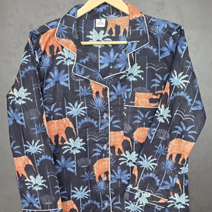 Ensemble de pyjama élégant pour femme en coton imprimé à la main motif éléphant tropical, vêtements de nuit d'été durables et écologiques - Product Image 5