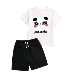 Ensemble t-shirt en coton imprimé panda mignon et short à cordon de serrage pour enfants, vêtements décontractés - Product Image 2