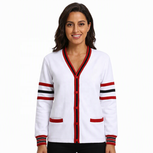 Cardigan blanc pour femme, col en V, manches longues, style vintage, en laine/acrylique tricoté, anti-rétrécissement, boutons sur le devant, poches, coupe classique - Product Image 1