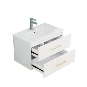 30-Inch White Gloss Wall-Mounted <b>Bathroom</b> <b>Vanity</b> with Double Drawers Ceramic Sink Long Metal Handle Easy Installation - Product Image 5