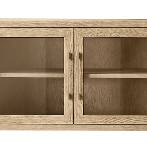 Contemporary Minimalist Solid Teak <b>Sideboard</b> <b>Storage</b> Cabinet Glass Door Natural Wood Grain Compact Buffet for Home Hotel - Product Image 3