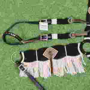 Juego de cabezada de mohair gris oscuro, azul cielo y beige sobre cuero argentino - Product Image 5