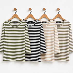 T-shirt décontracté en tricot pour femme, col rond, coupe régulière, manches 3/4, rayures teintées en fil de qualité supérieure - Product Image 6
