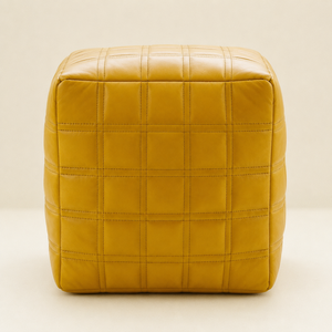 Mustard Yellow Modern Quilted Leather Pouf Ottoman Cube Stitched Grid Pattern Soft Cushion Seating Apartment Living Room - Product Image 6