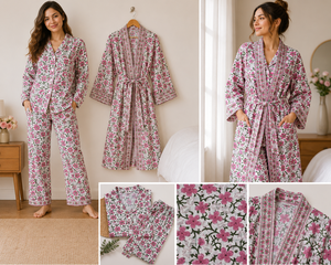 Conjunto de Pijama y Bata Kimono a Juego para Mujer, 100% Algodón, Estampado a Mano, Floral Rosa, Ropa de Dormir, Ropa de Estar por Casa, Set de Regalo - Product Image 2