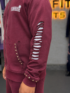 Sweat-shirt à capuche zippé pour homme, couleur bordeaux, avec clous décoratifs et fermeture éclair, style streetwear décontracté, coupe classique, en coton, effet vieilli - Product Image 4