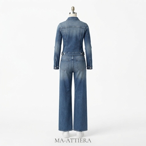 Ensemble veste en jean bleu et jean large pour femme, tenue décontractée en denim deux pièces, vêtements de mode streetwear - Product Image 4