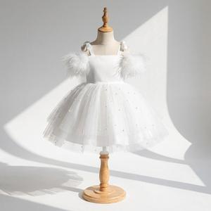 Vestido Largo de Princesa con Tutú y Plumas Blancas para Niñas, con Brillo, para Fiestas de Cumpleaños, Venta al por Mayor - Product Image 1