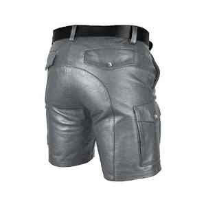 Grey Real Genuine Leather Cargo <b>Shorts</b> Custom Pocket <b>Belted</b> Metallic Finish Biker <b>Shorts</b> Wholesale High Quality Casual Pants - Product Image 4