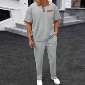 Men's Summer Casual Two Piece <b>Set</b> Solid Color <b>Knitted</b> Cotton Polo Shirt and Pants Breathable Lightweight Comfortable Wear - Product Image 6