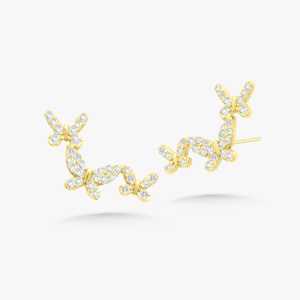 Boucles d'oreilles papillon en or massif 14k 18k avec diamants cultivés en laboratoire, taille ronde pavée, fermoir poussoir, bijoux fins délicats, vente en gros - Product Image 1