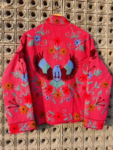 Chaqueta de Manga Larga para Mujer, Color Rosa, Cuello Mandarín, Cierre de Cremallera, Tejida en Algodón, con Bordado Floral de Colibrí - Product Image 6