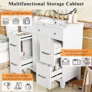 Mobile Bagno in Legno Massello Bianco da 36 Pollici con Lavabo in Ceramica, Ante con Chiusura Ammortizzata, Ripiani Regolabili, 3 Cassetti e Doppio Spazio di Archiviazione - Product Image 5