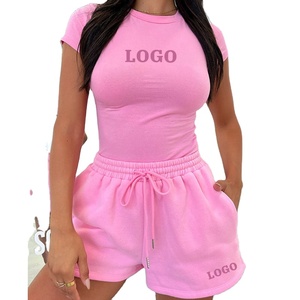 2024 ผู้ผลิตที่กําหนดเองเย็บปักถักร้อย 3dพัฟพิมพ์โลโก้เซ็กซี่ผู้หญิงCrop Topเสื้อยืดและกางเกงขาสั้นสบายๆ 2 ชิ้นกางเกงขาสั้นชุด - Product Image 1