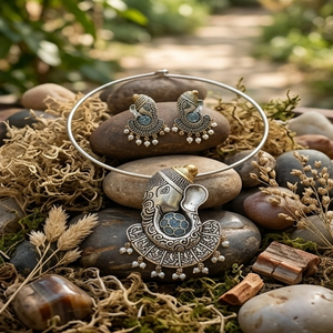 Parure Collier Long et Boucles d'Oreilles Divyoro Ornate Ganesha Motif, Pierre Bleue Douce, Imitation Perles Gouttes, Longueur Réglable - Product Image 3