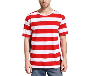 T-shirt décontracté à manches courtes et col rond pour homme, tricoté, coupe régulière, avec logo frontal rayé rouge et blanc, éco-responsable - Product Image 1
