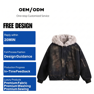 Custom Faux Fur Lined Heavyweight Unisex Acid Wash <b>Denim</b> Jacket Vintage Hooded Bomber Zip <b>Coats</b> Graphic Trendy Streetwear - Product Image 6