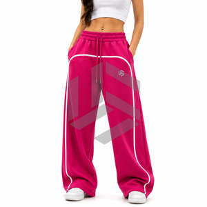 Custom Women Winter Wide Leg Flat Front Sweatpants High Waist Baggy Jogger Pants Oversized Fleece <b>Track</b> Pants Contrast Piping - Product Image 2