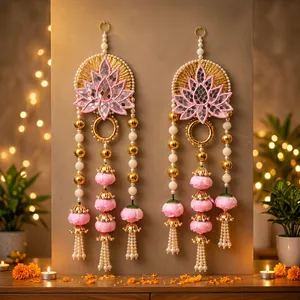 Pink Lotus Wall Hanging With Gold Beads And Tassels For Diwali Indoor Decor - Product Image 6
