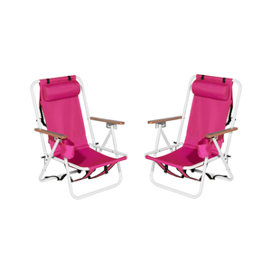 Set di 2 Sedie da Spiaggia Pieghevoli Resistenti per Adulti, 4 Posizioni, Portatili, con Poggiatesta e Portabicchieri, in Legno - Product Image 1