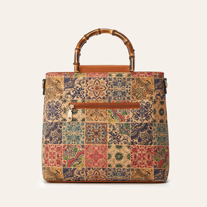 Sac fourre-tout en cuir PU pour femmes, poignée supérieure en bambou, bandoulière amovible, sac à bandoulière vintage à fleurs, grande capacité avec fermeture éclair - Product Image 2