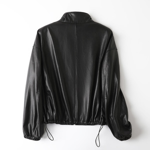Veste en cuir PU respirante imprimée pour femme, fermeture éclair, col mandarin, vêtement d'extérieur tissé, tenue assortie pour couple, automne, noir - Product Image 2