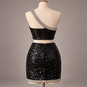 Vestido de Noche de Dos Piezas con Lentejuelas Negras, Top Corto de Un Hombro y Minifalda, Atuendo de Cóctel con Pedrería - Product Image 2