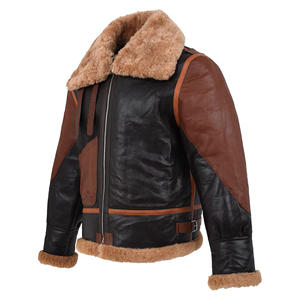 Chaqueta de Cuero Tricolor para Hombre, con Cuello de Piel Marrón, Abrigo de Invierno B3, Piel de Oveja Genuina, Forro Polar Cálido, Estilo Motero - Product Image 2
