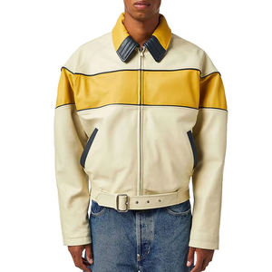 Blousons en cuir PU pour hommes, style moto, coupe courte, col rabattu, fermeture éclair, ceinture, color block, pour l'automne - Product Image 4