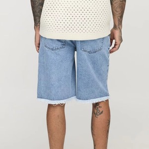 Men's Light Blue Ripped Denim Bermuda Shorts <b>Mid</b> Waist Front Logo Casual Cotton Woven Style - Product Image 3