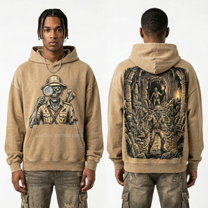 Sweat à capuche pour homme délavé à l'acide, vintage, épais, coupe oversize, avec motif squelette archéologue, streetwear personnalisé - Product Image 1