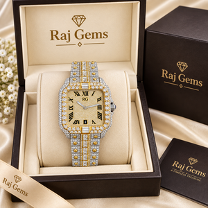 Reloj de Lujo Raj Gems con Diamantes, Esfera Analógica de Cuarzo, Correa de Acero Inoxidable de 18 mm, Cristal de 41 mm, Tono Dorado, Números Romanos, Cierre Desplegable - Product Image 1