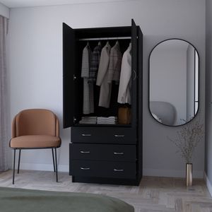 FM Furniture Prescott <b>Black</b> Armoire 2-<b>Door</b> <b>3</b>-Drawer <b>Wardrobe</b> with 1 Hanging Rod - Product Image 3