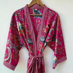 Bata Kimono de Algodón Suave con Estampado de Bloques y Dibujos Animados Naaz Textile para Mujer, Camisón de Verano Hecho a Mano ODM con Cuello en V y Cintura Elástica - Product Image 1