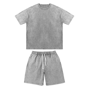 Ensemble homme été personnalisé : T-shirt col rond délavé à l'acide et short avec impression sérigraphiée, 100% coton, grandes tailles - Product Image 2