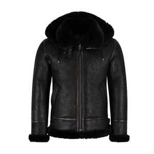 Blouson aviateur en cuir véritable pour homme avec doublure en peau de mouton à capuche, coupe-vent, manteau d'hiver, style motard, coupe classique - Product Image 5