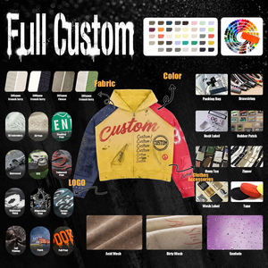 500GSM French Terry Vintage Wash Men's Oversized Graphic <b>Zip</b> Up Rhinestone Boxy Hoodie Distress Patchwork Cotton Hoodie Unisex - Product Image 5