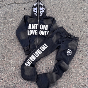 Custom Winter Men's Heavyweight 100% Cotton Hooded Solid Sweat Jogger Stacked Pants <b>Set</b> 2 Pc Distressed <b>Embroidery</b> Flared - Product Image 4