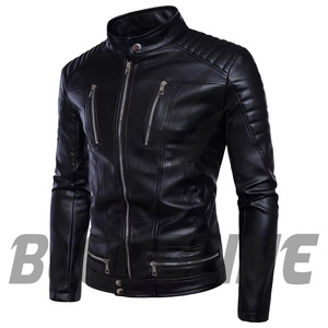 Men's Black PU Leather Moto <b>Biker</b> <b>Jacket</b> Slim Fit Stand Collar Zipper Closure Autumn Wear - Product Image 2