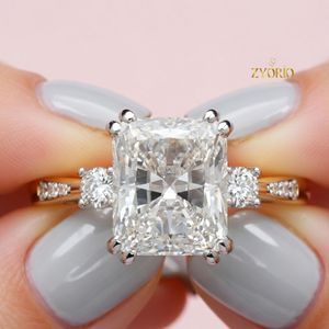 Anillo de Compromiso con Corte Radiante, Oro de 10K, Anillo con Diamante Redondo, Joyería Nupcial para Boda - Product Image 2