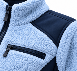 Chaqueta de lana sherpa premium personalizada para mujer, color azul claro, con bloques de color, cuello alto, cierre de cremallera, a prueba de viento, para invierno, con bolsillos, OEM - Product Image 6